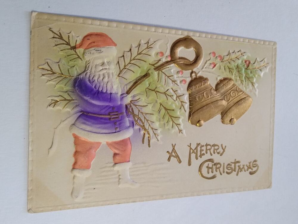 Vintage Embossed Santa Claus Christmas Postcard Minneapolis Postmark Purple Suit